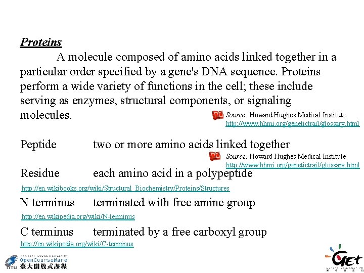 Proteins A molecule composed of amino acids linked together in a particular order specified