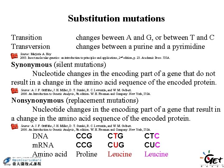 Substitution mutations Transition Transversion changes beween A and G, or between T and C