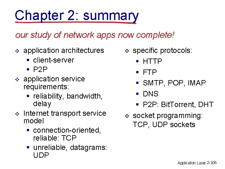 Chapter 2: summary our study of network apps now complete! v v v application