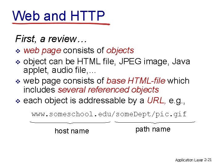 Web and HTTP First, a review… v v web page consists of objects object