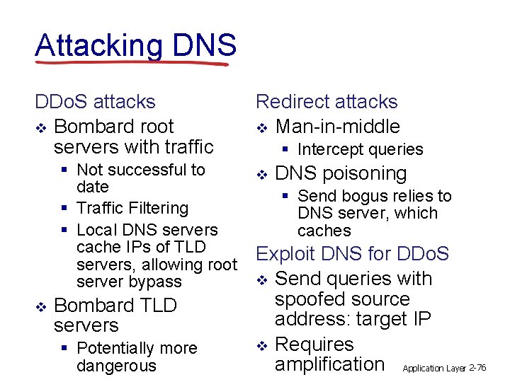 Attacking DNS DDo. S attacks v Bombard root servers with traffic § Not successful