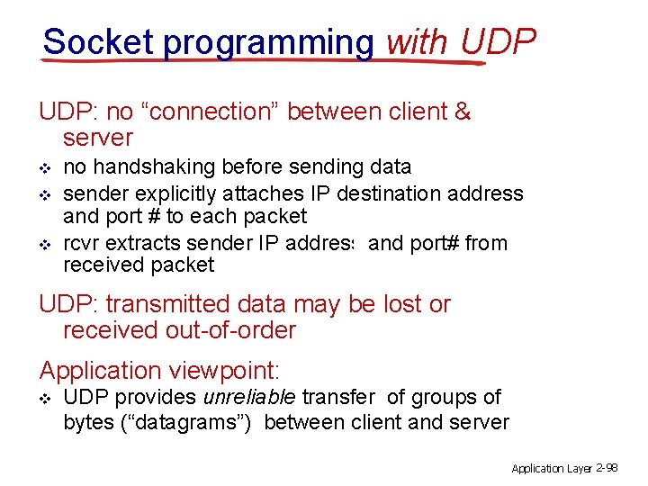 Socket programming with UDP: no “connection” between client & server v v v no