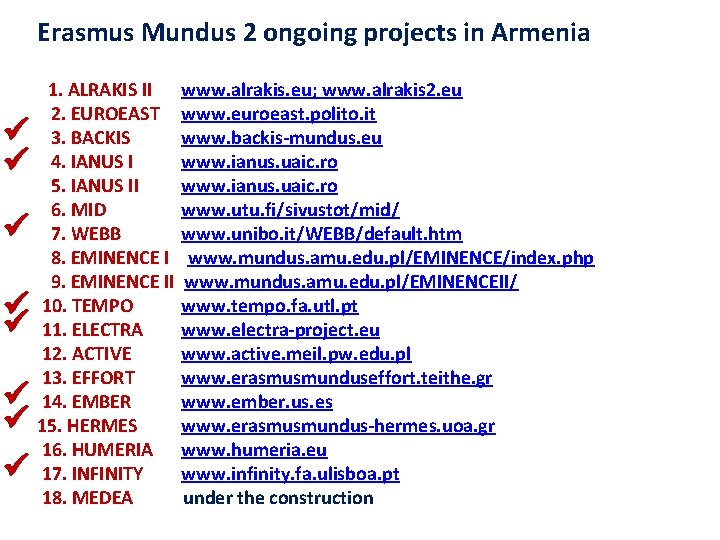 Erasmus Mundus 2 ongoing projects in Armenia 1. ALRAKIS II www. alrakis. eu; www.