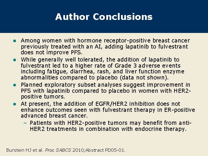 Author Conclusions Among women with hormone receptor-positive breast cancer previously treated with an AI,