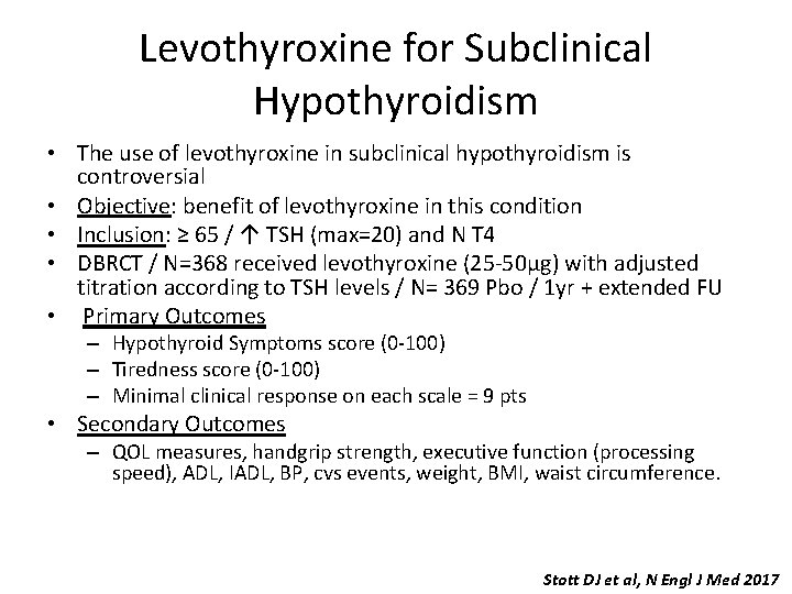 Levothyroxine for Subclinical Hypothyroidism • The use of levothyroxine in subclinical hypothyroidism is controversial