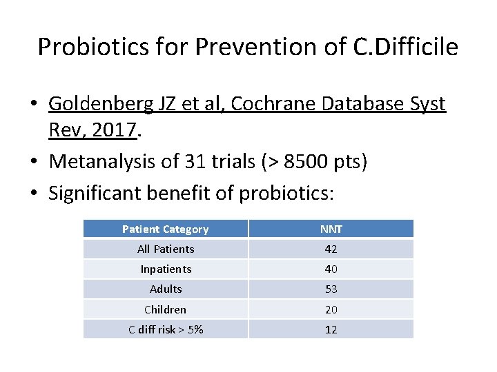 Probiotics for Prevention of C. Difficile • Goldenberg JZ et al, Cochrane Database Syst