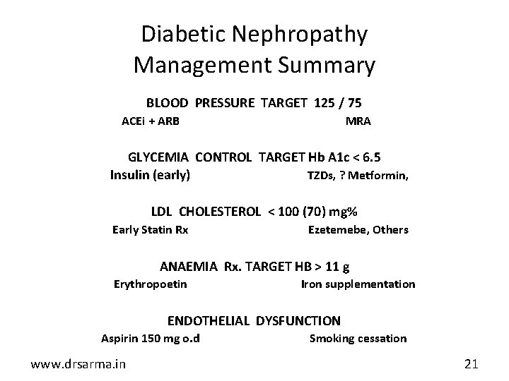 Diabetic Nephropathy Management Summary BLOOD PRESSURE TARGET 125 / 75 ACEi + ARB MRA