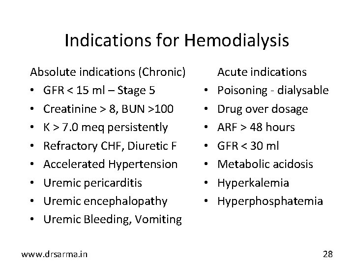 Indications for Hemodialysis Absolute indications (Chronic) • GFR < 15 ml – Stage 5
