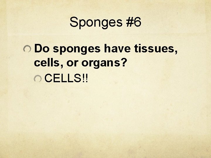 Sponges #6 Do sponges have tissues, cells, or organs? CELLS!! 