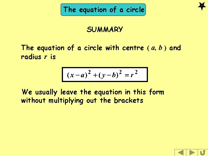 The equation of a circle SUMMARY The equation of a circle with centre ( The equation of a circle SUMMARY The equation of a circle with centre (