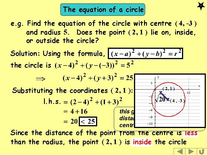 The equation of a circle e. g. Find the equation of the circle with The equation of a circle e. g. Find the equation of the circle with