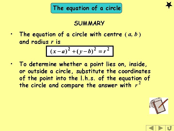 The equation of a circle SUMMARY • The equation of a circle with centre The equation of a circle SUMMARY • The equation of a circle with centre