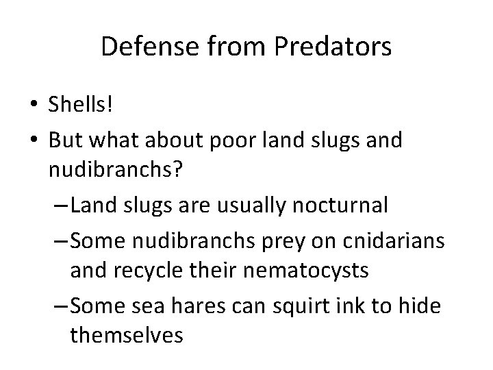 Defense from Predators • Shells! • But what about poor land slugs and nudibranchs?