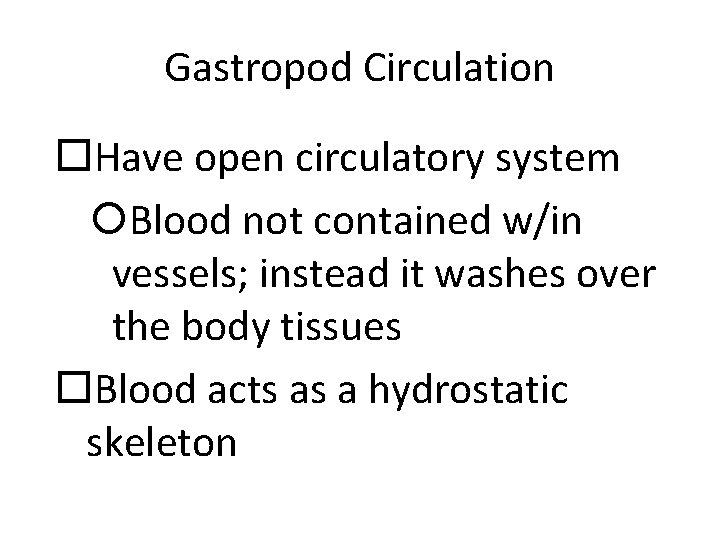 Gastropod Circulation Have open circulatory system Blood not contained w/in vessels; instead it washes