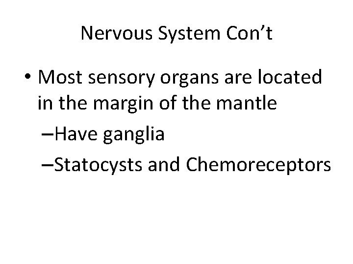 Nervous System Con’t • Most sensory organs are located in the margin of the