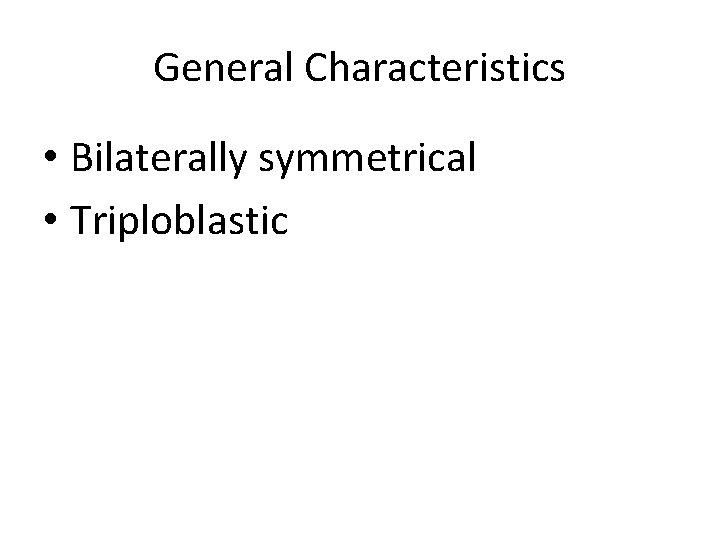 General Characteristics • Bilaterally symmetrical • Triploblastic 