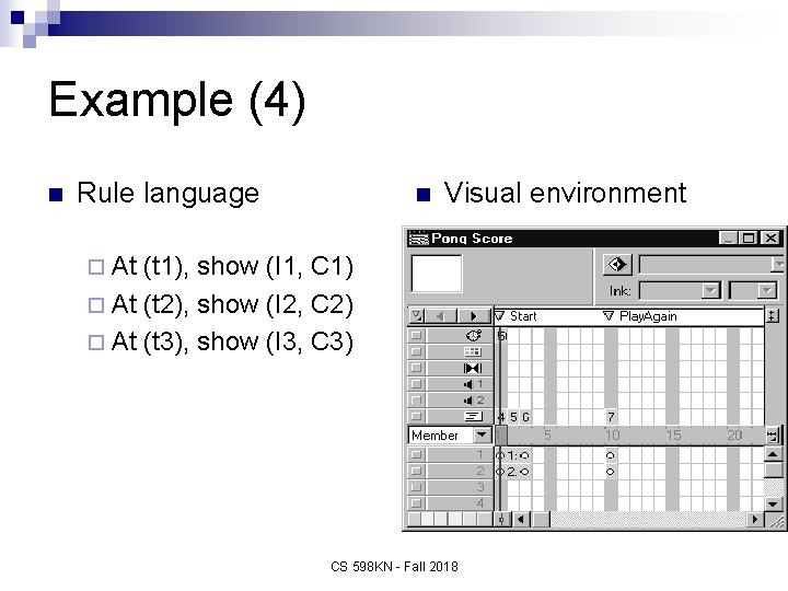 Example (4) n Rule language n Visual environment ¨ At (t 1), show (I