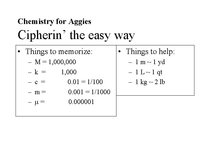 Chemistry for Aggies Cipherin’ the easy way • Things to memorize: – – – Chemistry for Aggies Cipherin’ the easy way • Things to memorize: – – –