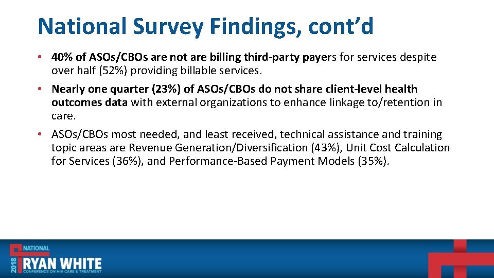 National Survey Findings, cont’d • 40% of ASOs/CBOs are not are billing third-party payers
