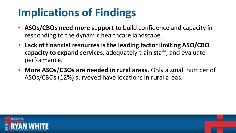 Implications of Findings • ASOs/CBOs need more support to build confidence and capacity in