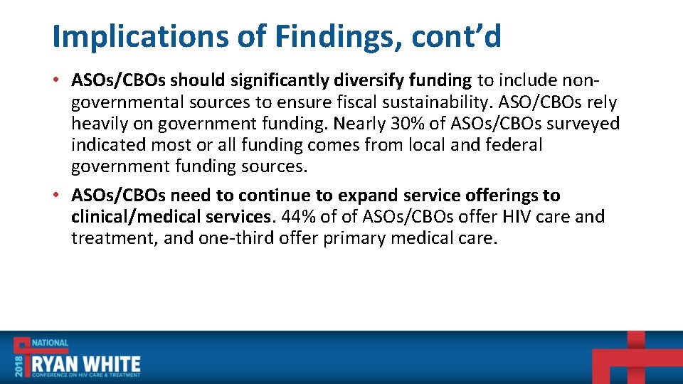 Implications of Findings, cont’d • ASOs/CBOs should significantly diversify funding to include nongovernmental sources