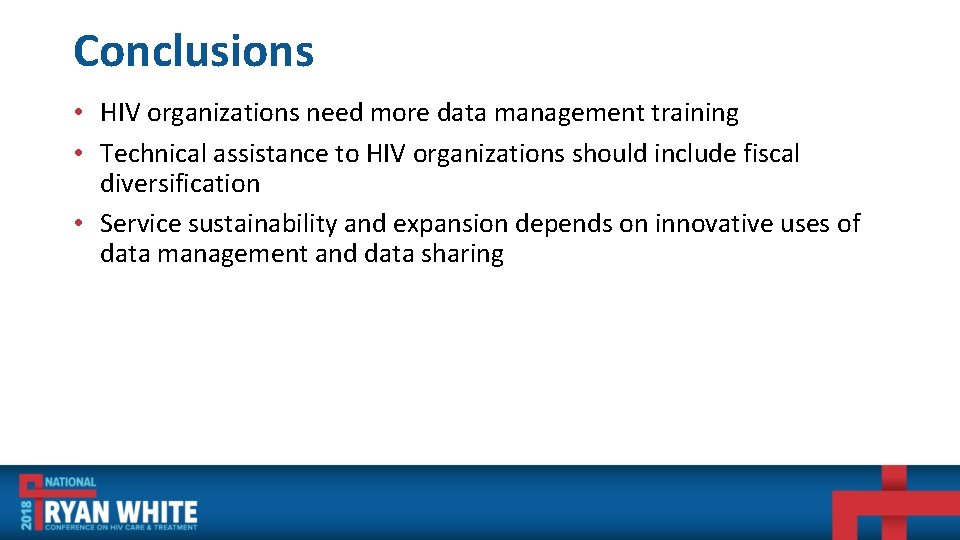 Conclusions • HIV organizations need more data management training • Technical assistance to HIV