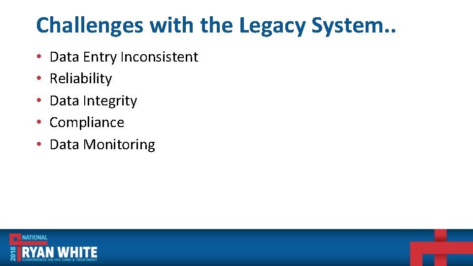 Challenges with the Legacy System. . • • • Data Entry Inconsistent Reliability Data