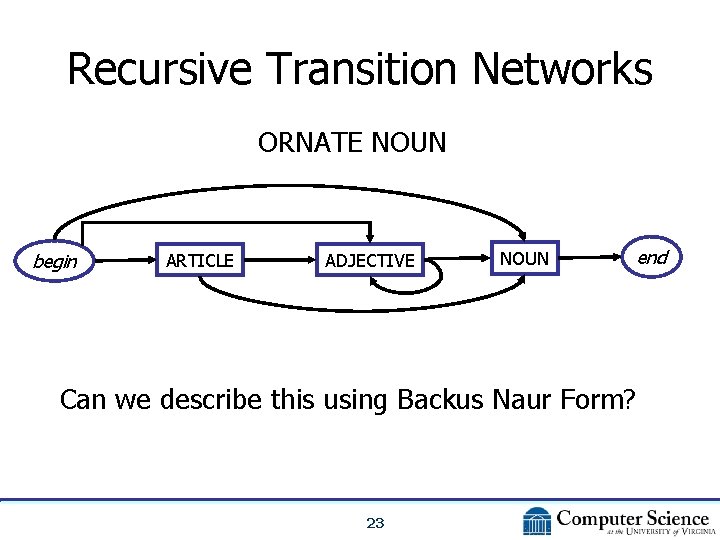 Recursive Transition Networks ORNATE NOUN begin ARTICLE ADJECTIVE NOUN Can we describe this using