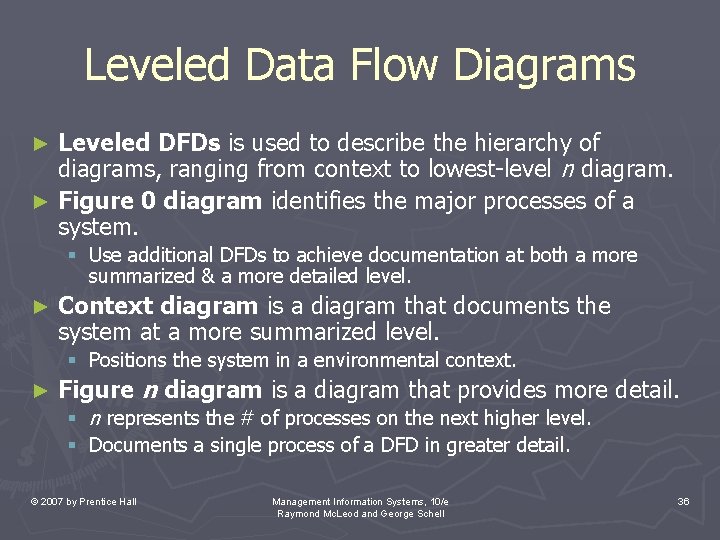 Leveled Data Flow Diagrams Leveled DFDs is used to describe the hierarchy of diagrams,