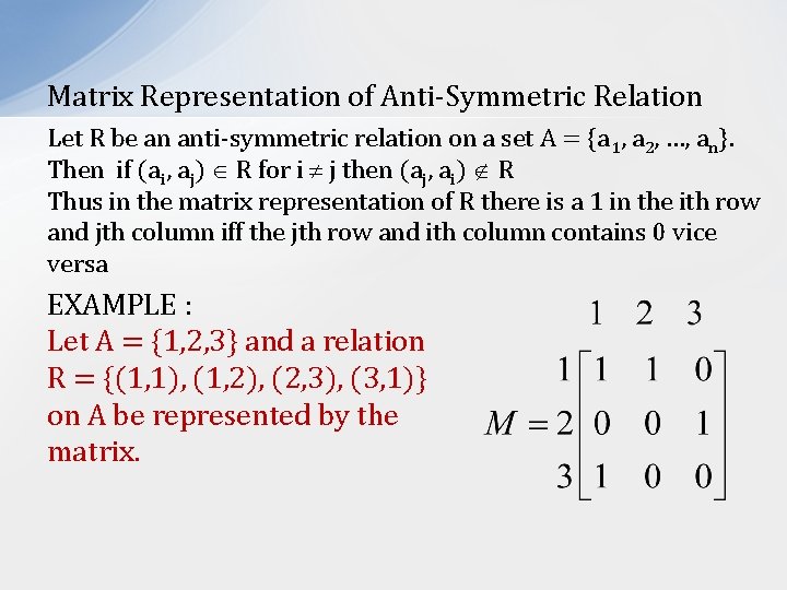 Matrix Representation of Anti-Symmetric Relation Let R be an anti-symmetric relation on a set