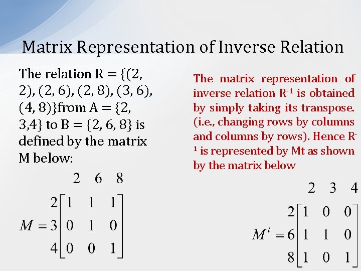 Matrix Representation of Inverse Relation The relation R = {(2, 2), (2, 6), (2,