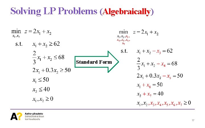 Solving LP Problems (Algebraically) Standard Form 17 