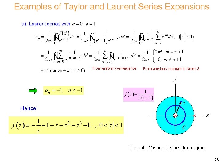 Examples of Taylor and Laurent Series Expansions Consider From uniform convergence From previous example