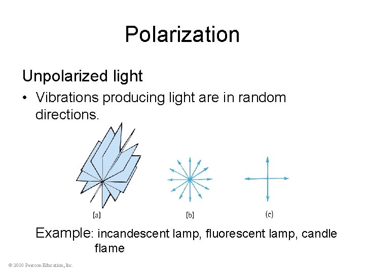 Polarization Unpolarized light • Vibrations producing light are in random directions. Example: incandescent lamp,