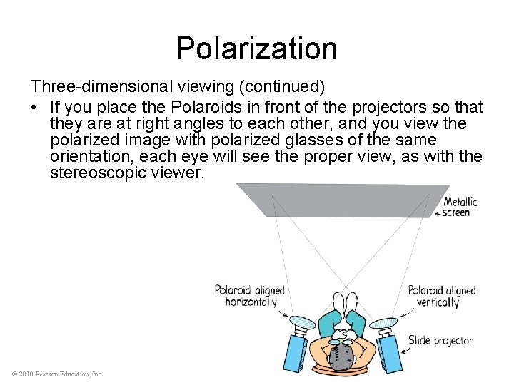 Polarization Three-dimensional viewing (continued) • If you place the Polaroids in front of the