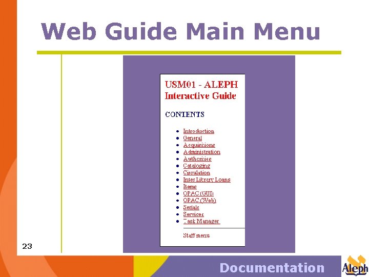 Web Guide Main Menu 23 Documentation 