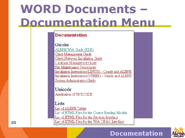 WORD Documents – Documentation Menu 35 Documentation 