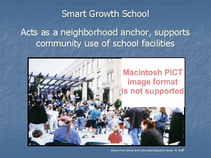 Smart Growth School Acts as a neighborhood anchor, supports community use of school facilities