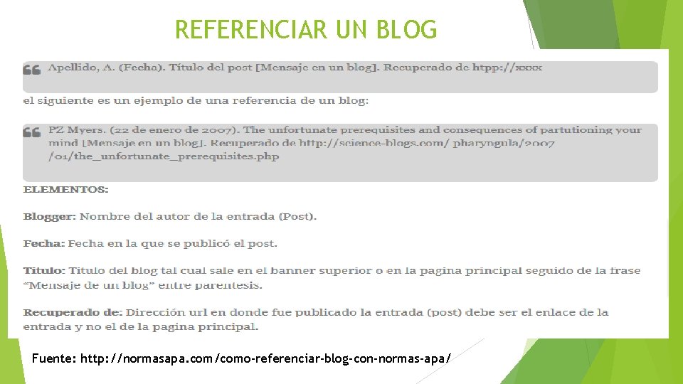 REFERENCIAR UN BLOG Fuente: http: //normasapa. com/como-referenciar-blog-con-normas-apa/ 