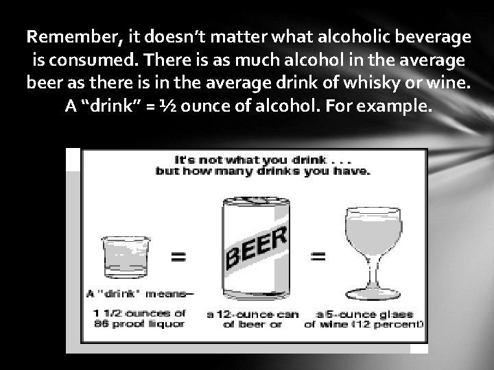 Remember, it doesn’t matter what alcoholic beverage is consumed. There is as much alcohol