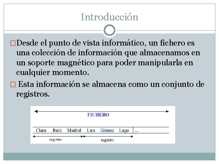 Introducción �Desde el punto de vista informático, un fichero es una colección de información