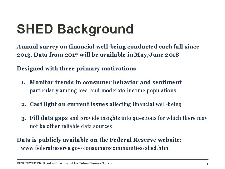SHED Background Annual survey on financial well-being conducted each fall since 2013. Data from SHED Background Annual survey on financial well-being conducted each fall since 2013. Data from