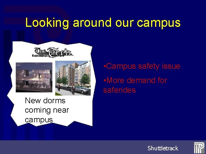 Looking around our campus • Campus safety issue • More demand for saferides New