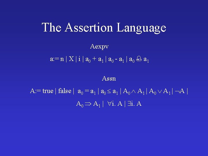 The Assertion Language Aexpv a: = n | X | i | a 0