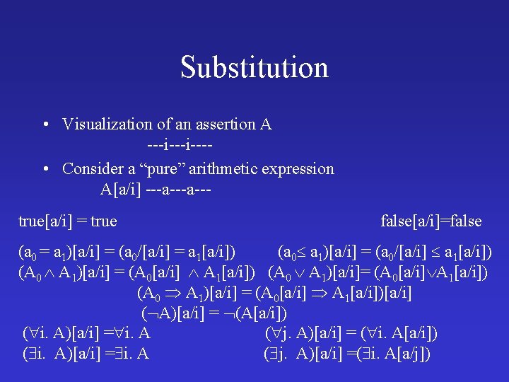 Substitution • Visualization of an assertion A ---i--- • Consider a “pure” arithmetic expression