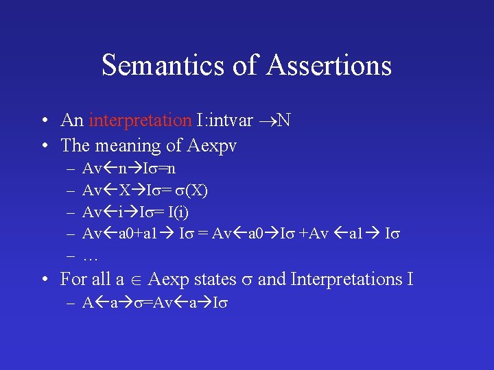 Semantics of Assertions • An interpretation I: intvar N • The meaning of Aexpv