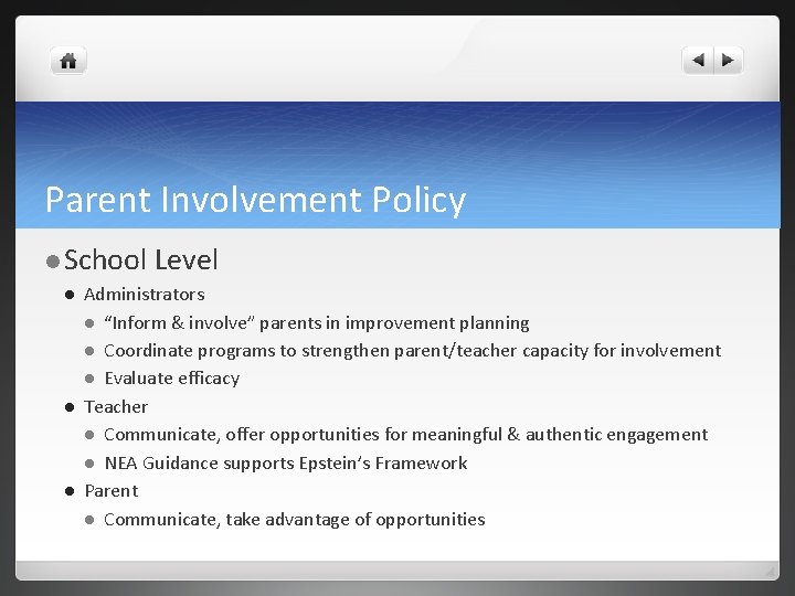 Parent Involvement Policy School Level Administrators “Inform & involve” parents in improvement planning Coordinate