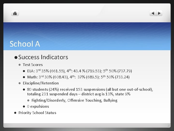 School A Success Test Scores ELA: 3 rd 35% (661. 55), 4 th: 43.