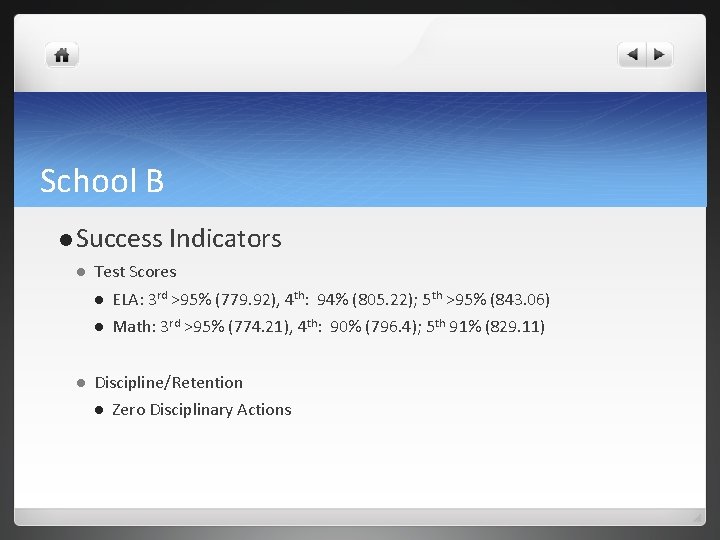 School B Success Indicators Test Scores ELA: 3 rd >95% (779. 92), 4 th: