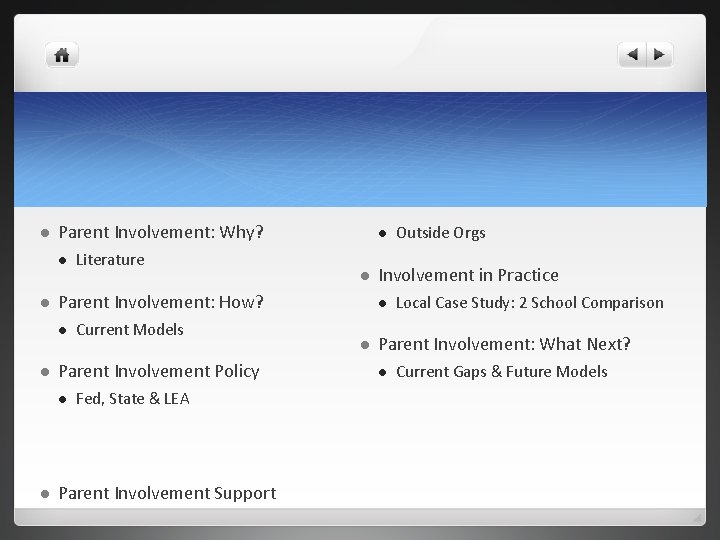  Parent Involvement: Why? Current Models Parent Involvement Policy Parent Involvement: How? Literature Fed,